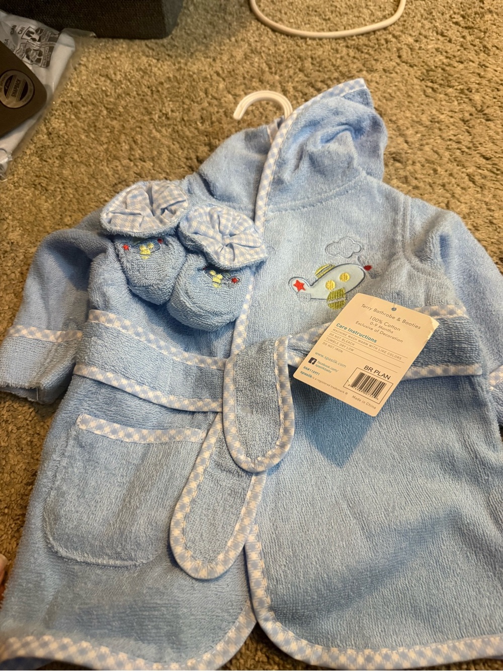 Blue Hooded Baby Robe with Airplane Embroidery